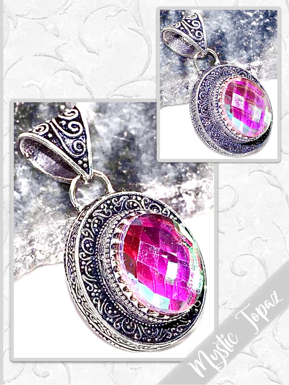 Mystic Topaz Large Silver Artisan Pendant, 1.7” Magenta Pink, Aqua Blue, Yellow